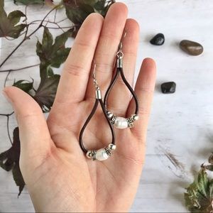 Hand Crafted Leather and Pearl Drop Earrings